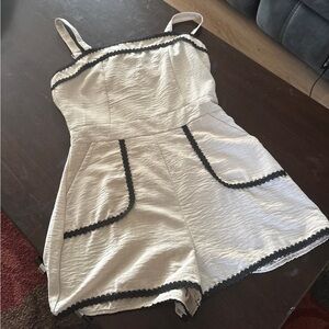 White Cotton-Blend Romper with Black Trim